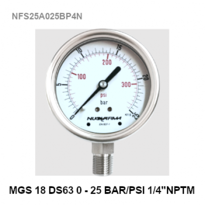 0-25 Bar Ø 2.5&quot; Stainless Steel Back Connect 1/4&quot;