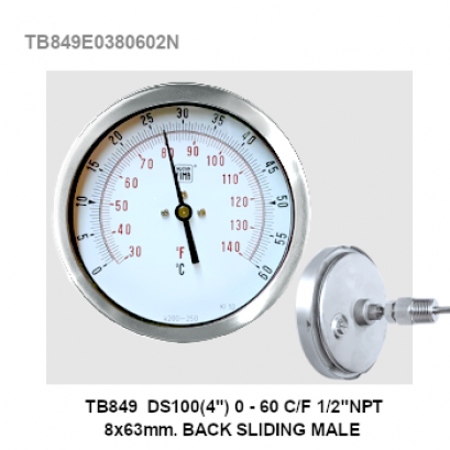 TB849 DS100(4&quot;) 0-60 C/F 1/2&quot;NPT 6x200m BACK SLIDING MALE