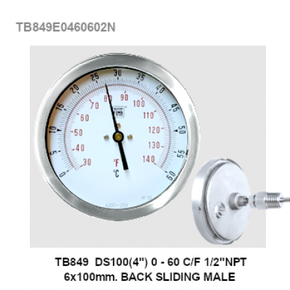 TB849 DS100(4&quot;) 0-60 C/F 1/2&quot;NPT 6x100m BACK SLIDING MALE