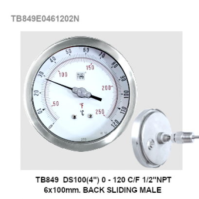 TB849 DS100(4&quot;) 0-120 C/F 1/2&quot;NPT 6x100m BACK SLIDING MALE