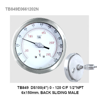 TB849 DS100(4") 0-120 C/F 1/2"NPT 6x150m BACK SLIDING MALE