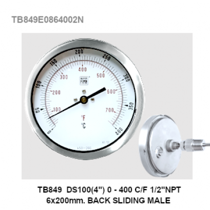 TB849 DS100(4") 0-400 C/F 1/2"NPT 6x200m BACK SLIDING MALE