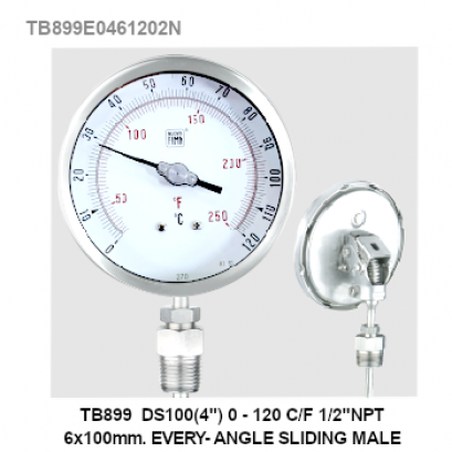 TB899 DS100(4") 0-120 C/F 1/2"NPT 6x100mm EVERY-ANGLE SLIDING MALE TB899 DS100(4") 0-120 C/F 1/2"NPT 6x100mm EVERY-ANGLE SLIDING MALE