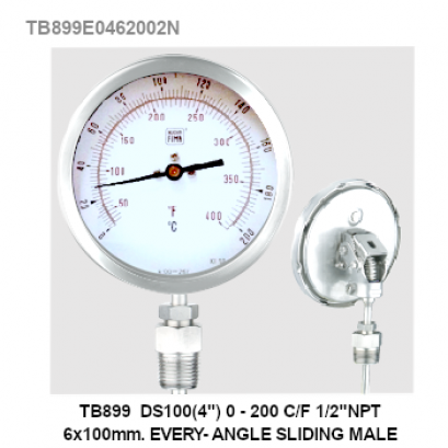 TB899 DS100(4") 0-200 C/F 1/2"NPT 6x100mm EVERY-ANGLE SLIDING MALE TB899 DS100(4") 0-200 C/F 1/2"NPT 6x100mm EVERY-ANGLE SLIDING MALE