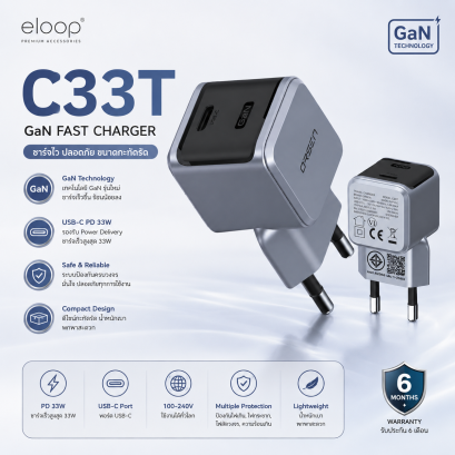 หัวชาร์จ Eloop Orsen C33T Adapter Fast Charge PD  QC 30W