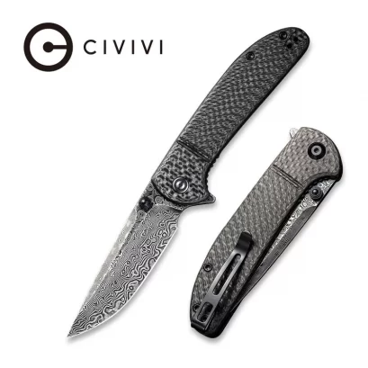 CIVIVI Badlands Vagabond Flipper &amp; Thumb Stud Knife Carbon Fiber Handle (3.25&quot; Damascus Blade) C2019DS-1