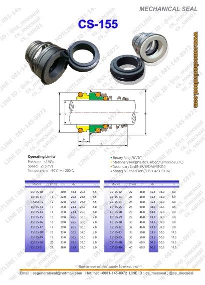 Mechanical Seal #155 | รุ่นยอดนิยม ซีลปั๊มน้ำ คาร์บอน เซรามิก NBR