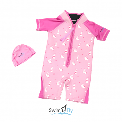 ชุดว่ายน้ำรักษาอุณหภูมิ แบบแขนสั้น+หมวกว่ายน้ำลาย Bunny