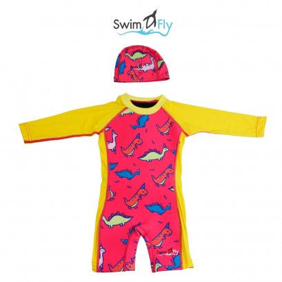 ชุดว่ายน้ำรักษาอุณหภูมิ แบบแขนยาว+หมวกว่ายน้ำ ลาย Dinosaur (Girl)
