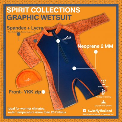 ชุดว่ายน้ำรักษาอุณหภูมิ แบบแขนยาว+หมวกว่ายน้ำลาย Graphic/ Navy-Orange