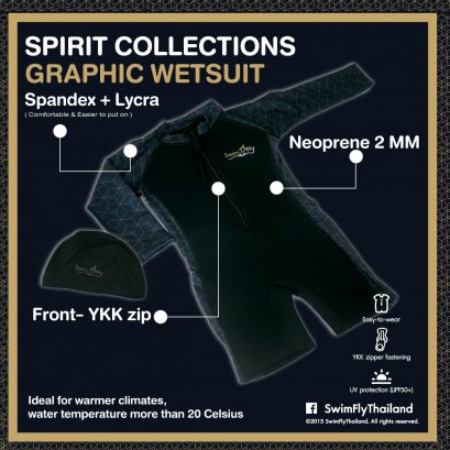 ชุดว่ายน้ำรักษาอุณหภูมิ แบบแขนยาว+หมวกว่ายน้ำลาย Graphic/ Black