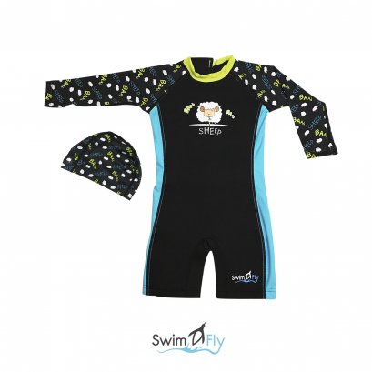 ชุดว่ายน้ำรักษาอุณหภูมิ แบบแขนยาว+หมวกว่ายน้ำ ลาย Sheep (Black)