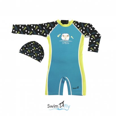 ชุดว่ายน้ำรักษาอุณหภูมิ แบบแขนยาว+หมวกว่ายน้ำ ลาย Sheep (Blue)