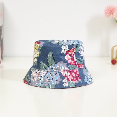 หมวกบักเกต ลายดอกไฮเดรนเยียพื้นครีม (กันน้ำ)