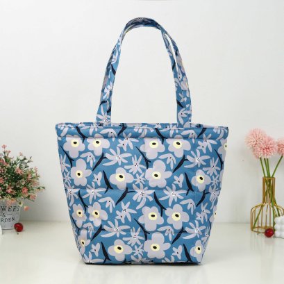 ช้อปปิ้งกันน้ำนุ่มนิ่ม ผ้ากันน้ำพิมพ์ลาย ดอกเทาพื้นฟ้า