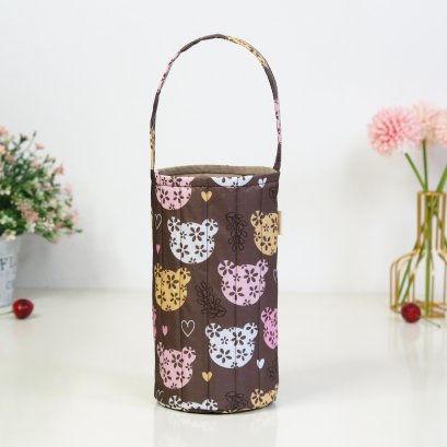 กระเป๋าใส่แก้ว ผ้ากันน้ำพิมพ์ลาย หมีหัวใจน้ำตาล