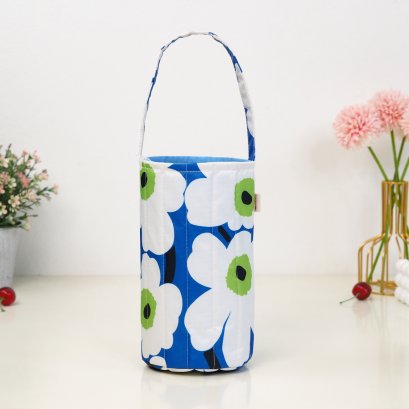 กระเป๋าใส่แก้ว ผ้ากันน้ำพิมพ์ลาย ดอกครีมพื้นฟ้า