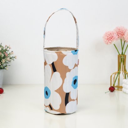 กระเป๋าใส่แก้ว ผ้ากันน้ำพิมพ์ลาย ดอกน้ำตาลใหญ่