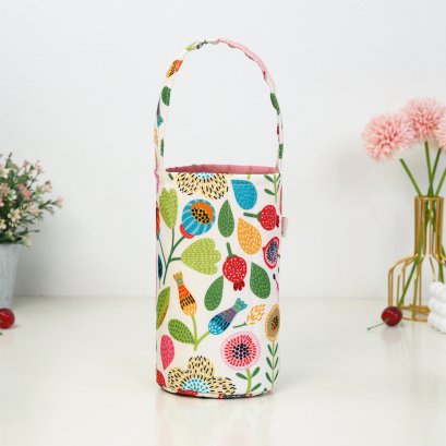 กระเป๋าใส่แก้ว ผ้ากันน้ำพิมพ์ลาย ทับทิมพื้นครีม