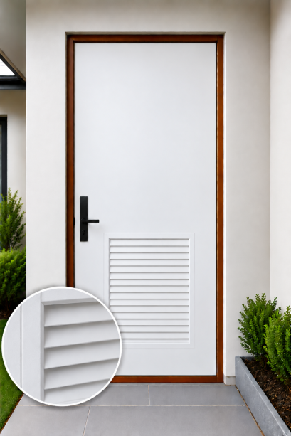 ประตูupvc ภายนอก สีขาว-บานเรียบ เจาะเกล็ดครึ่งบาน