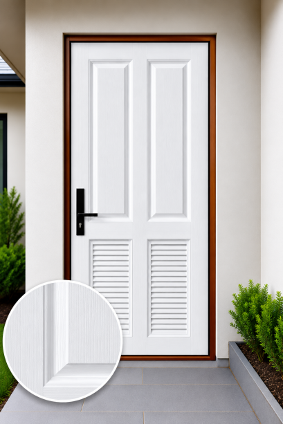 ประตูupvc_ภายนอก_ผิวลายไม้_สีขาว_ลูกฟัก4ช่องตรง_เกล็ดล่าง