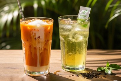 ชาเย็นและชาเขียวสุดสดชื่น หวานน้อย อร่อยชื่นใจ ด้วยหญ้าหวานแท้!