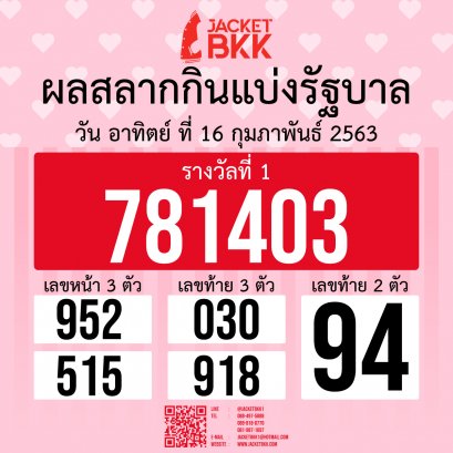 ตรวจผลสลากกินแบ่งรัฐบาล งวด ประจำ วันอาทิตย์ ที่ 16 ก.พ. 63