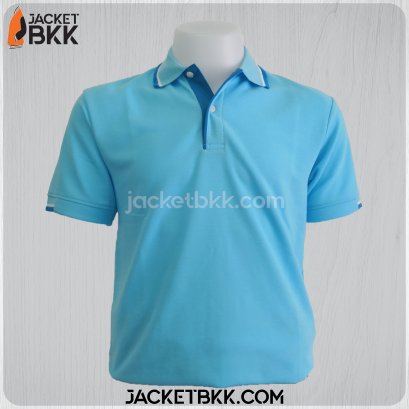 เสื้อโปโลสำเร็จรูป สีฟ้า ปกขลิปขาวน้ำเงิน