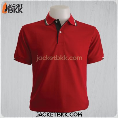 เสื้อโปโลสำเร็จรูป สีแดง ปกขลิปขาวน้ำตาล