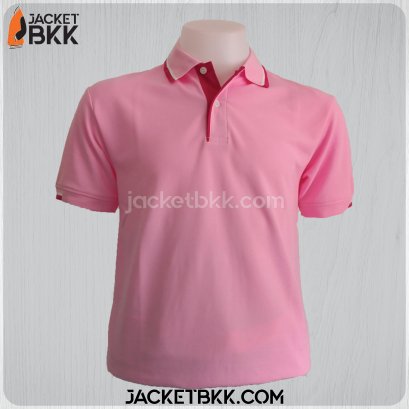 เสื้อโปโลสำเร็จรูป สีชมพู ปกขลิปขาวแดง