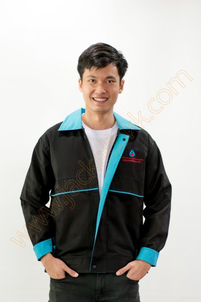 เสื้อแจ็คเก็ตผ้าคอมทวิวสีดำ ปกสีฟ้า