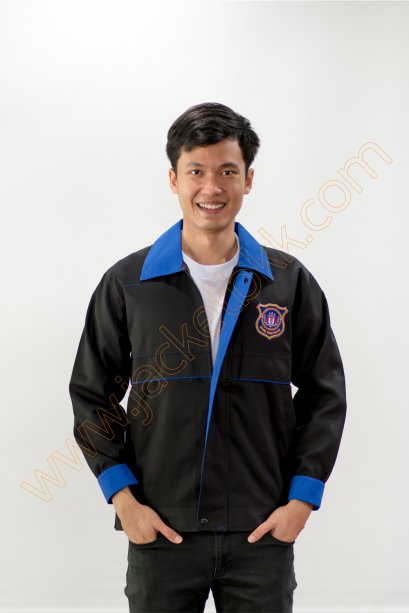 เสื้อแจ็คเก็ตผ้าคอมทวิวสีดำ ปกสีน้ำเงิน