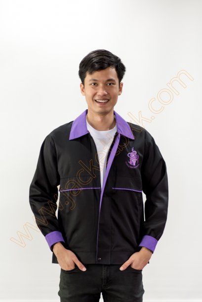 เสื้อแจ็คเก็ตผ้าคอมทวิวสีดำ ปกสีม่วง