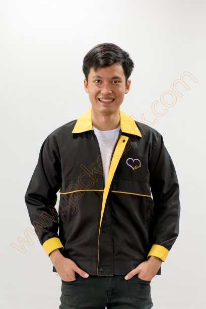 เสื้อแจ็คเก็ตผ้าคอมทวิวสีดำ ปกสีเหลือง