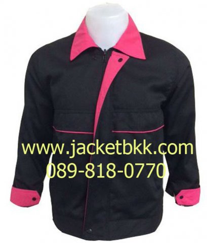 เสื้อแจ๊คเก็ต ตัดต่อแบบ A สีดำปกสีชมพูบานเย็น ผ้าคอมทวิว