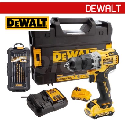 DCD706D2A-B1 สว่านกระแทกไร้สาย (ไร้แปรงถ่าน) 12V MAX ขนาด 10 มม. แรงบิดสูงสุด 57.5 NM. ความเร็วรอบ 1500RPM 25500 RPMพร้อมแบตเตอรี่ 2.0 AH + แท่นชาร์จ พร้อมหัวเข้ามุมและที่แคบ 4 ตัว (แถมชุดดอกสว่าน 16 ชิ้น) ครบชุด "DEWALT ดีวอลท์