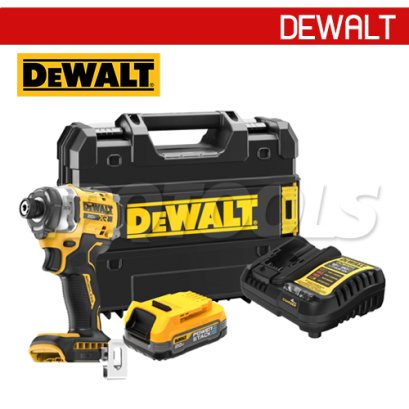 DCF860E1T-B1 ไขควงกระแทกไร้สาย (ไร้แปรงถ่าน) 20V MAX  ขนาด HEX 6.35 มม. แรงบิดสูงสุด 282 NM. ความเร็วรอบ 3800RPM พร้อมแบตเตอรี่ POWERSTACK 1.7AH "DEWALT" ดีวอลท์