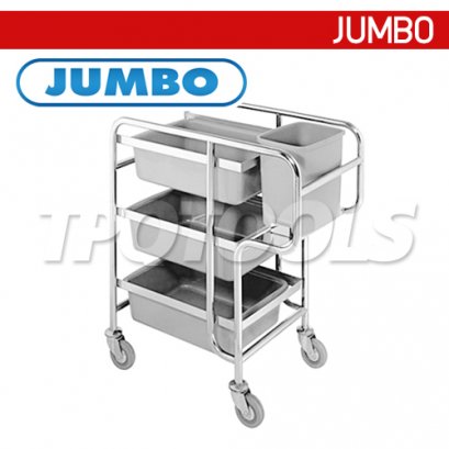 FT-0301 รถเข็นเก็บจานสแตนเลสแบบมีถังเก็บขยะ (ถาดสีขาว) JUMBO