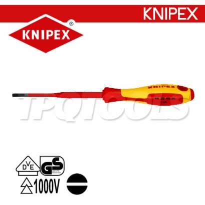 KNIPEX 982040SL ไขควงแกนสลิมปากแบน VDE1000V ด้ามฉนวนการไฟฟ้า ขนาดหัว 4.0 (0.8 มม.)x100x202 มม. (หัวไขควง+ความยาวแกน+ความยาวทั้งตัว) KNIPEX คะนิเพค คีมช่างมืออาชีพอันดับ 1 MADE IN GERMANY