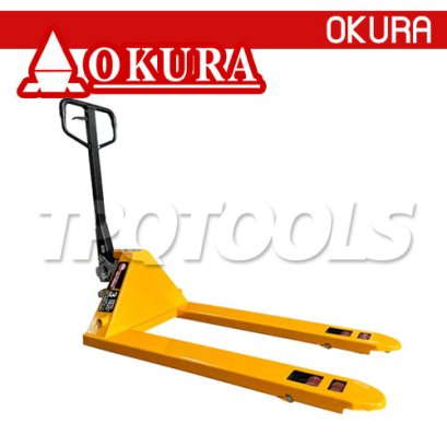 DF-3.0T รถลากพาเลทหน้ากว้าง+แกนตัน ขนาด 3 ตัน / 3000 กก. สีเหลือง ปรับหมุนยกได้ 180 องศา &quot;OKURA&quot;