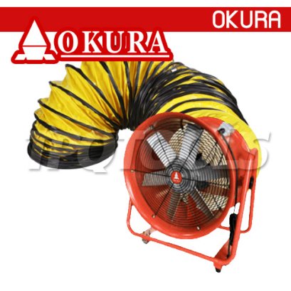 D-OK-32BW20 (พัดลม 32 นิ้ว + ท่อยาว 20 ม.) พัดลมท่อระบายอากาศ ขนาด 32 นิ้ว พร้อมท่อระบายอากาศ 20 เมตร ตัวสีส้ม มอเตอร์ 380V / ไฟฟ้า 4000W OKURA PORTABLE VENTILATOR