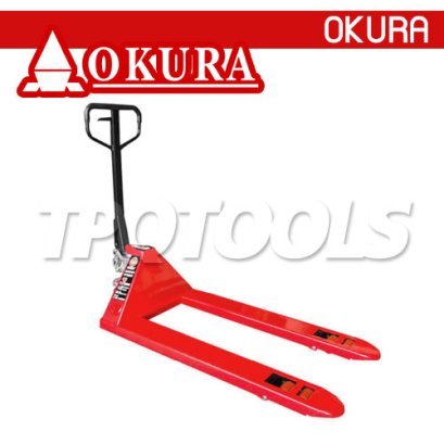 E-OK-HP03R รถลากพาเลทหน้ากว้าง ขนาด 3 ตัน / 3000 กก. สีแดง ปรับหมุนยกได้ 180 องศา &quot;OKURA&quot;