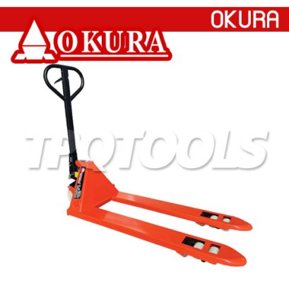 E-OK-HP25NR รถลากพาเลทหน้าแคบ ขนาด 2.5 ตัน / 2500 กก. สีส้ม ล้อไนล่อน ปรับหมุนยกได้ 180 องศา &quot;OKURA&quot;