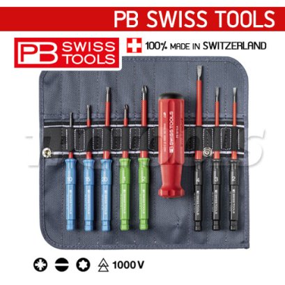 PB5218SU ชุดไขควงเปลี่ยนหัวได้ 9 ตัวชุด (รวมด้าม) ใช้กับหัวแบน-PZ-ทอร์ค พร้อมซองหนัง สำหรับงานไฟฟ้า VDE1000V หรือกระแสตรง 1500V PB SWISS TOOLS