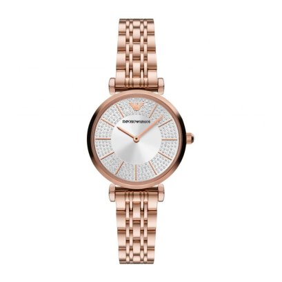 Emporio Armani&#039;s AR11446 (32mm) watch features a sunray silver dial, two-hand movement and rose gold-tone stainless steel bracelet.