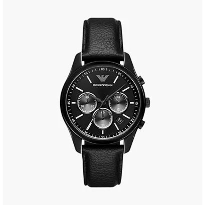 Emporio Armani&#039;s AR11583 (41mm) watch features a black sunray dial, chronograph movement and black leather strap.