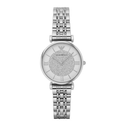 Emporio Armani Gianni T Bar White Crystal Pave Dial Silver Stainless Steel Strap Watch For Women - AR1925