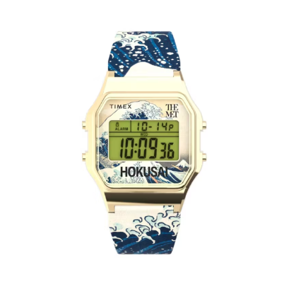 TIMEX TW2W25200 Digital The MET Hokusai นาฬิกาข้อมือผู้หญิง สายเรซิ่น สีครีมลาย หน้าปัด 34 มม.