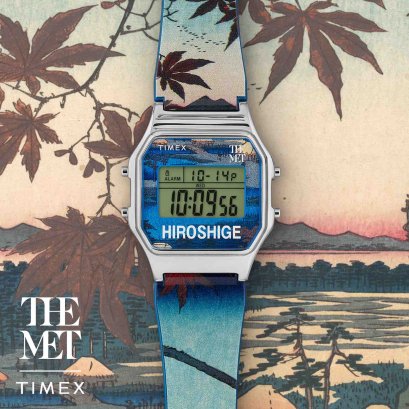 TIMEX TW2W25300 Digital The MET Hokusai นาฬิกาข้อมือผู้หญิง สายเรซิ่น สีน้ำเงิน หน้าปัด 34 มม.