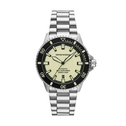 Emporio Armani AR60083 Silver Tone Automatic Watch Sea Explorer MEN 42 MM นาฬิกาข้อมือ นาฬิกาผู้ชาย The "Diver's"